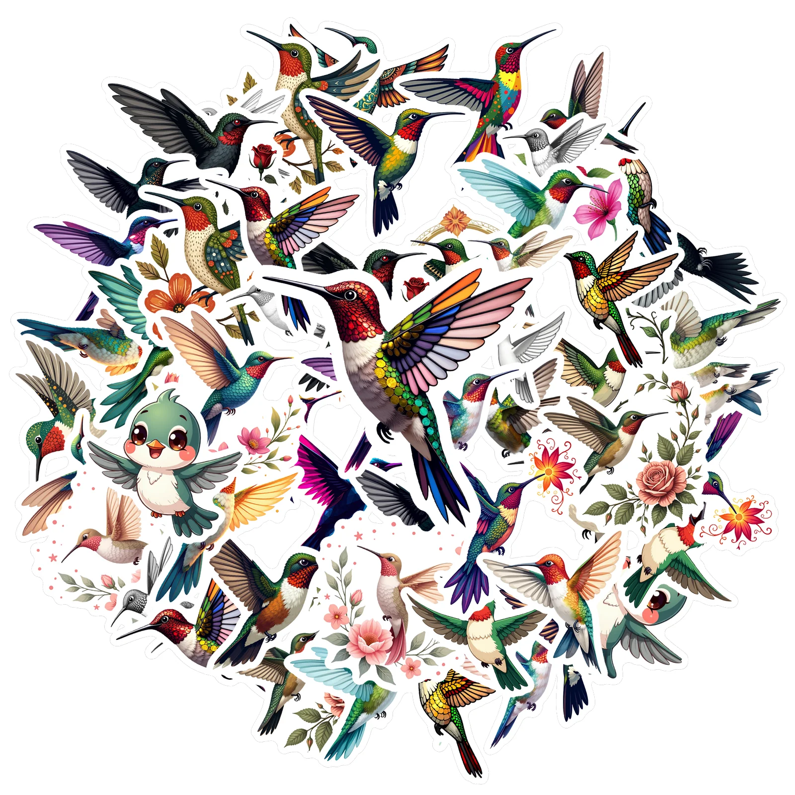 35-50pcs Colorful Hummingbird Stickers Floral Birds Graffiti Sticker ...