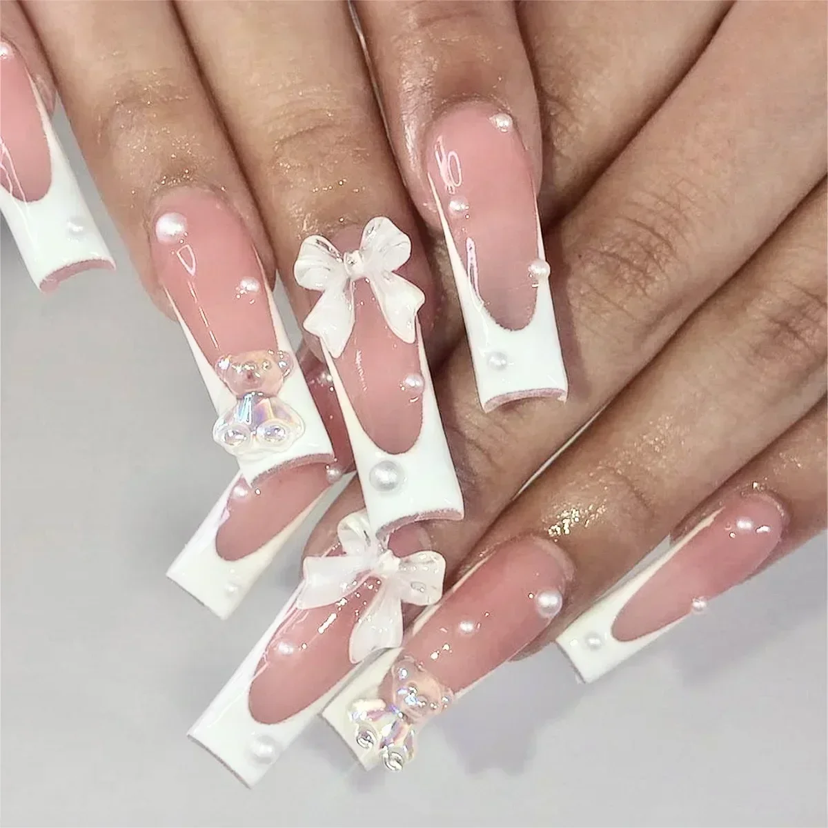 Ballet French Full Cover Fake Nails Bow Pearl Design False Nail Long Coffin Ballerina Wearable Press on Nails Manicure Tips 24Pc fake nails french nails nail tips false nails false nail tips