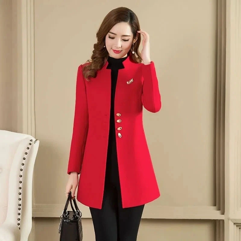 여성용 루즈 미드 롱 모직 재킷, 싱글 브레스트 울 코트, 여성 아우터 바람막이, 가을 겨울 패션, 2023 신상