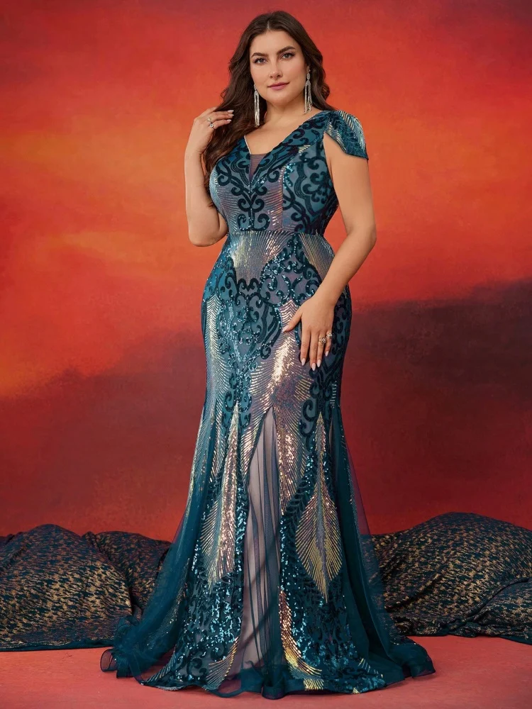 فستان سهرة رسمي فاخر بأكمام قصيرة مزين بالترتر مقا...