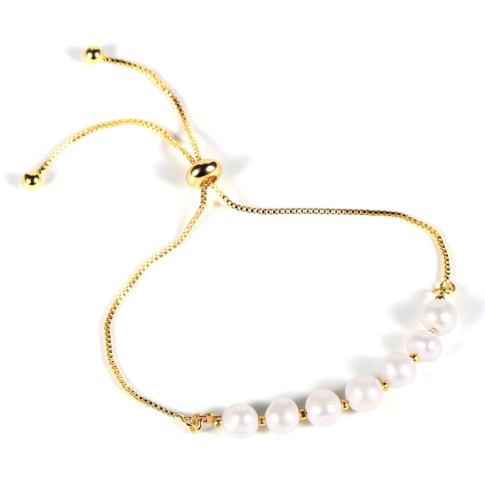 Women Girls Minimalism Design Freshwater Pearls Chram Bracelet 18K Gold ...