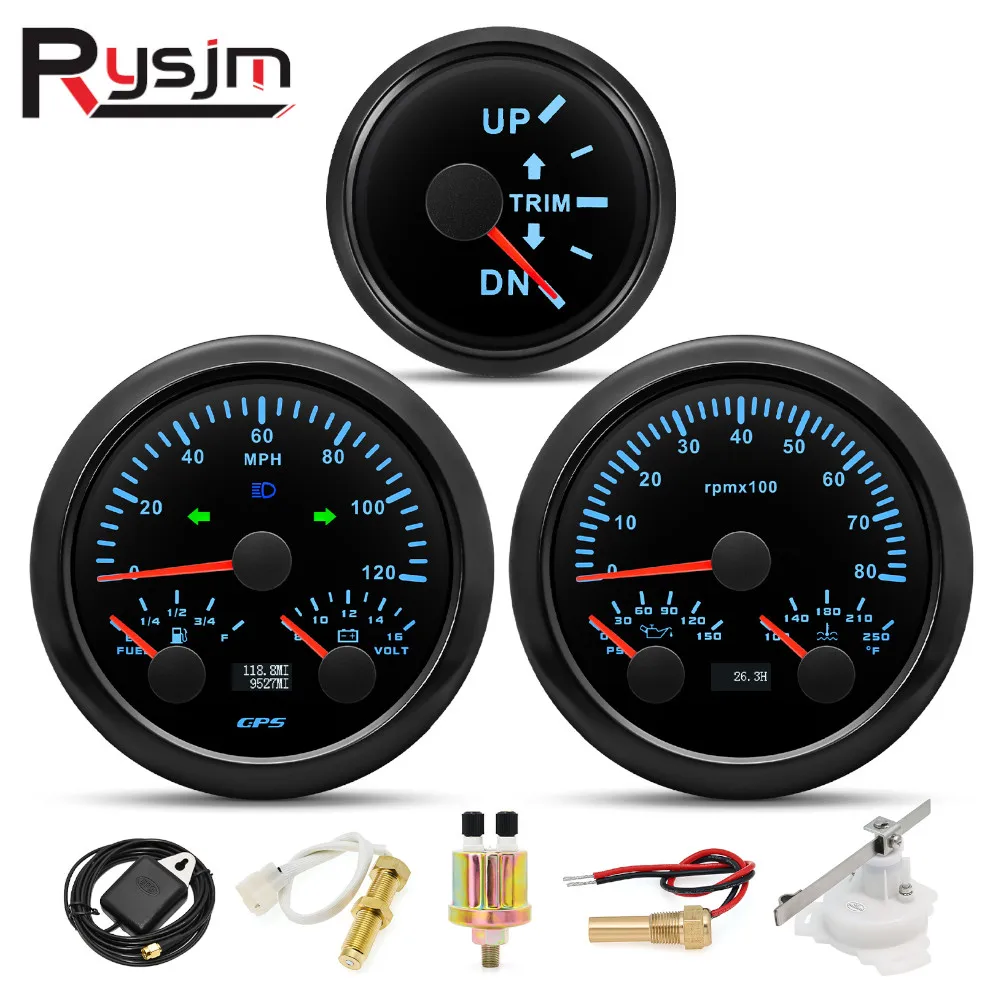 

3 in 1 85MM Gauge Set 120MPH GPS Speedometer Turn Signal Light Fuel Level+Volt+Tachometer+Oil Pressure+Water Temp With Sensors