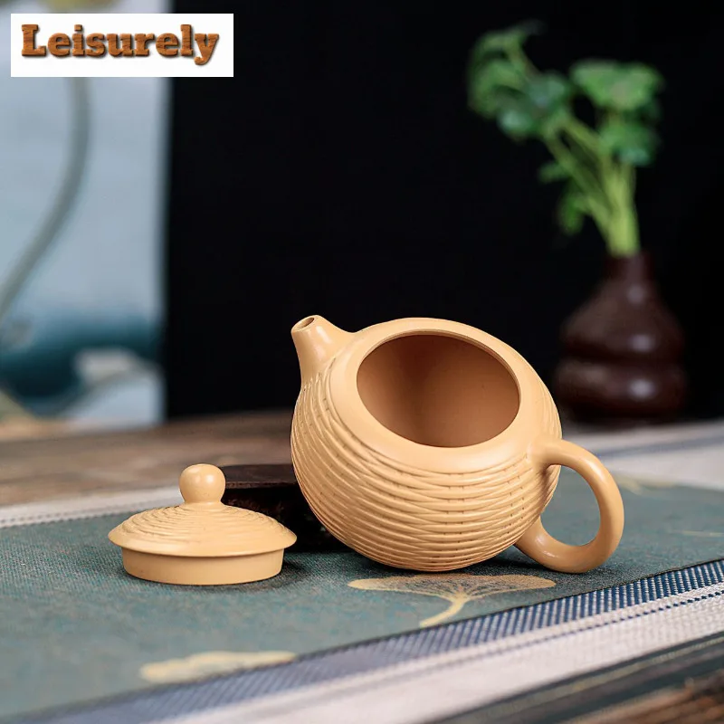 220ml Classic Yixing Purple Clay Teapots Handmade Bamboo Weaving Xishi Pot Raw Ore Gold Section Mud Kettle Zisha Tea Set Tea
