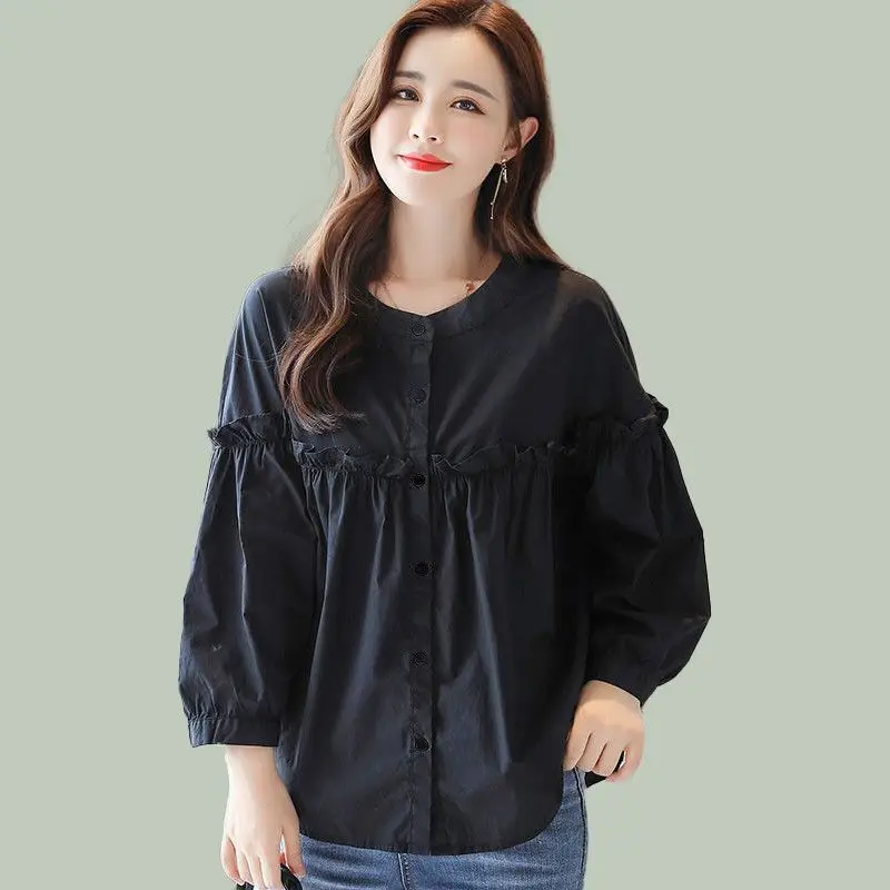 여성 용수철 라운드넥 쉬폰 인형 셔츠, 다용도 슬리밍 상의, 캐주얼 패션, 한국 버전, 어려 보이는, 여름 신상