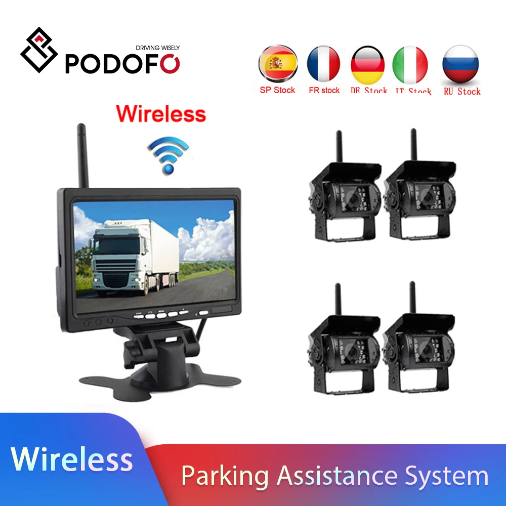 

Podofo Wireless 4 Backup Cameras IR Night Vision Waterproof with 7" Rear View Monitor for RV Truck Bus Parking Assistance System