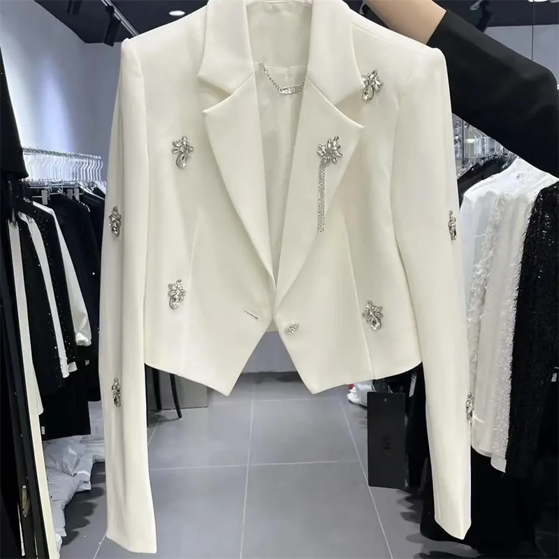 2025 Spring Women Long Sleeve Suit Short Coat Design Sense Heavy Industry Diamond studded Beads Wide Shoulders Irregular Suit