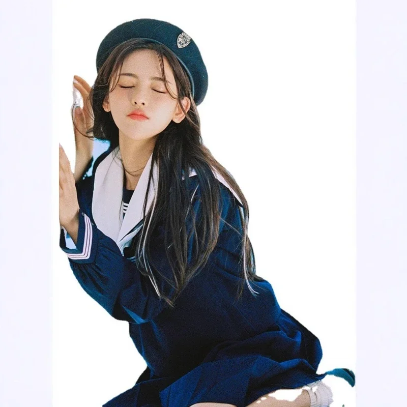 고품질 일본식 JK 교복 네이비 블루 세일러 상의와 화이트 칼라 타임리스 플리츠 스커트 세트 프레피룩