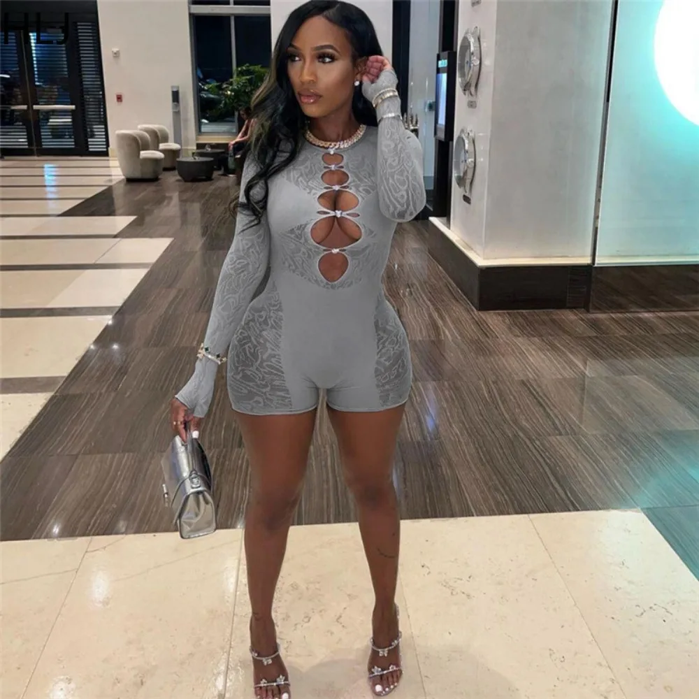 HLJ Sexy Hollow Out Bodycon Nightclub Party Rompers Women Round Neck Long Sleeve Skinny Jumpsuits Female Lace Sporty Playsuits