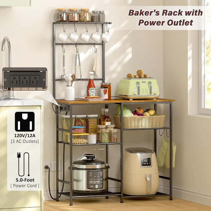 Bakers Rack with Power Outlet, Kitchen Microwave Stand with 10 S-Shaped Hooks, 6-Tier Coffee Bar Station 3
