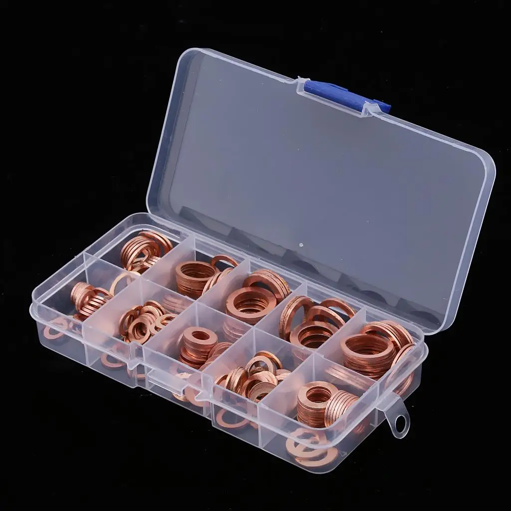 Copper Washer Gasket Nut Bolt Set Flat Seal Sealing O ring Solid Gasket Assortment Kit 200Pcs Car Engine Oil Sump Plug oil drain plug gasket oil drain plug seal washer o ring gasket sealing washers engine gasket set copper gasket combination