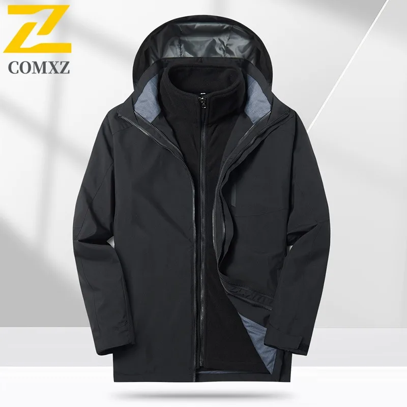 COMXZ Men Coat Thickened Warm Minimalist Hooded Work Climbing Biker Jacket 3 in1 Camping Breathable Scratch Resistant Outerwear