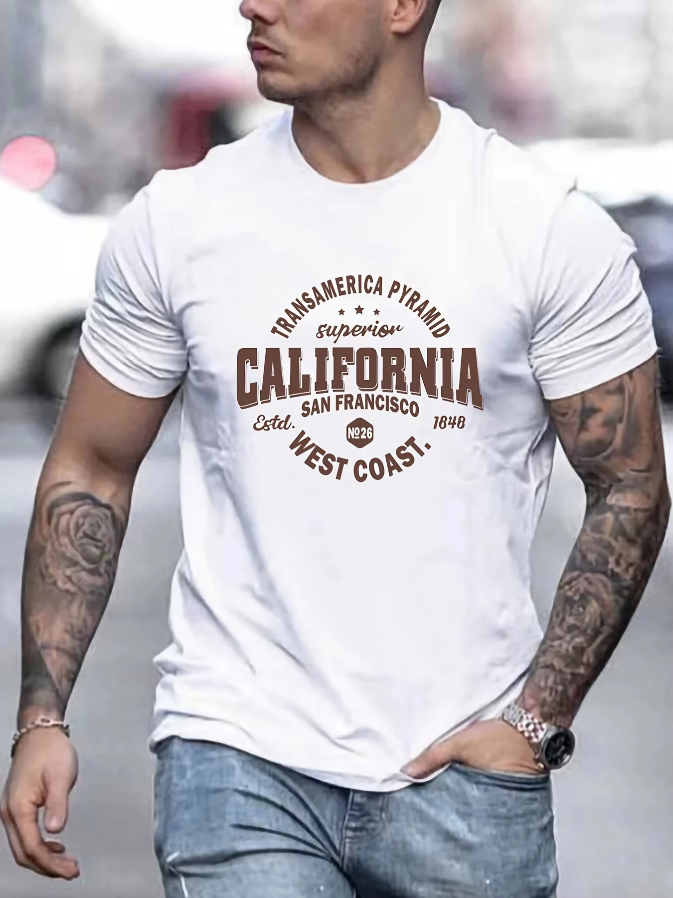 Men's Cotton Casual Sports Loose Fit California West Coast Print Round Neck Short Sleeved T-shirt Top Summer Men Clothes