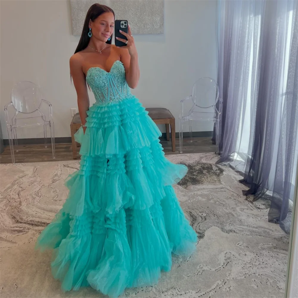 

Sweetheart Tiered Ruffles Prom Dresses With Split Side Sheer Corset Formal Evening Party Lace Appliques A-line Long Ball Gowns