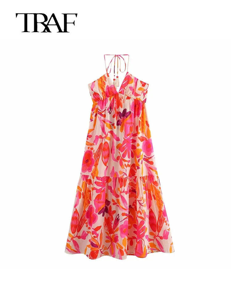 

TRAF 2024 New Print Slip Midi Dress Women Female Dress Beach Summer Dress Women Boho Pleated Long Dress