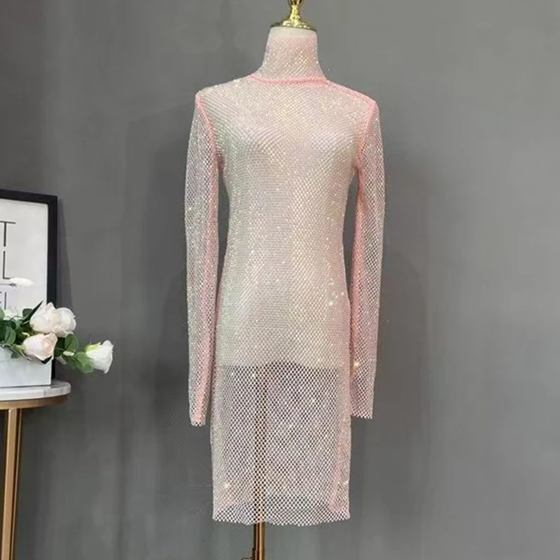 Elegantes Transparentes Strass-Netzkleid für Damen Langarm Hochgeschlossen Glitzerndes Durchsichtiges Partykleid – Detail 7