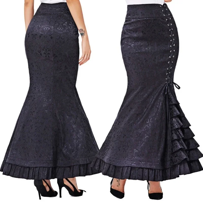 Vintage Women Punk Style Jacquard Mermaid Skirt Fashion Halloween Gothic Victorian Steampunk Long Bodycon Ruffle Fishtail Tiered