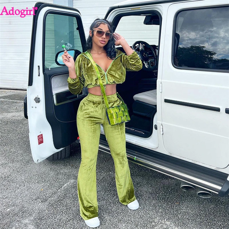 

Adogirl Velvet Two Piece Set Women Zipper Long Sleeve Drawstring Jackets Crop Top High Waist Flare Pants Jogging Suit Tracksuits