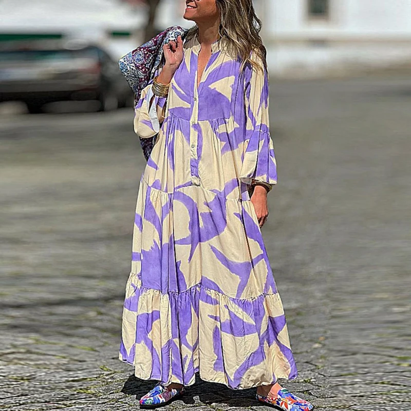 

Fashion Casual Pattern Print Loose Dress Elegant V Neck Flare Sleeves Shirts Dress Lady Fashion Hem Pleated Beach Dress Vestidos