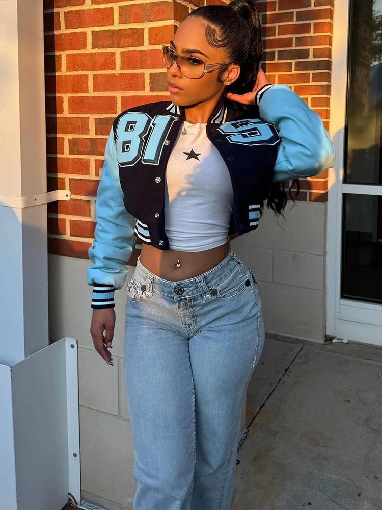 Nibber Sporty Jacket Woman Contrast Patchwork Baseball Autumn Trend Letter Print Single-Breasted Full Sleeve Casual Style Coats