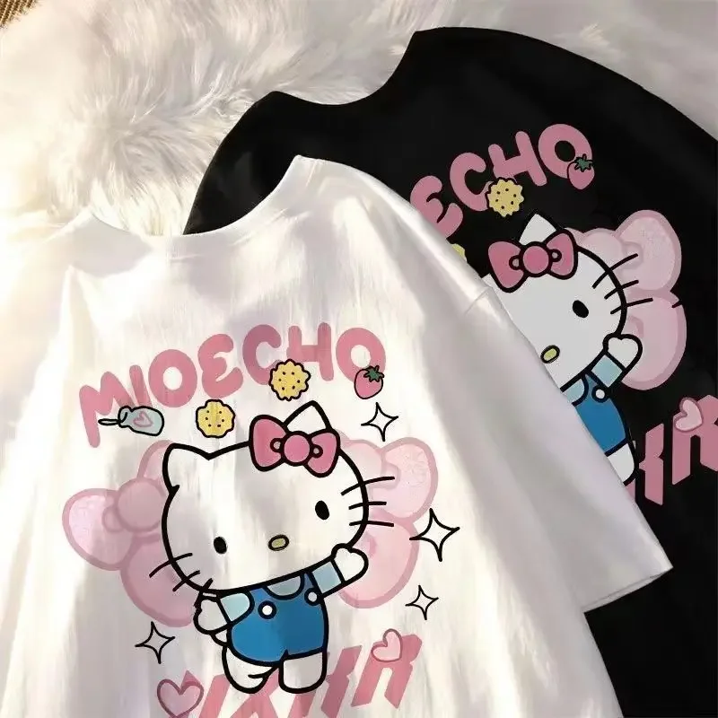 Casual T Shirt Summer Hello Kitty Women Loose Korean Fashion Y2K Top Sanrio Clothes Streetwear T-shirt