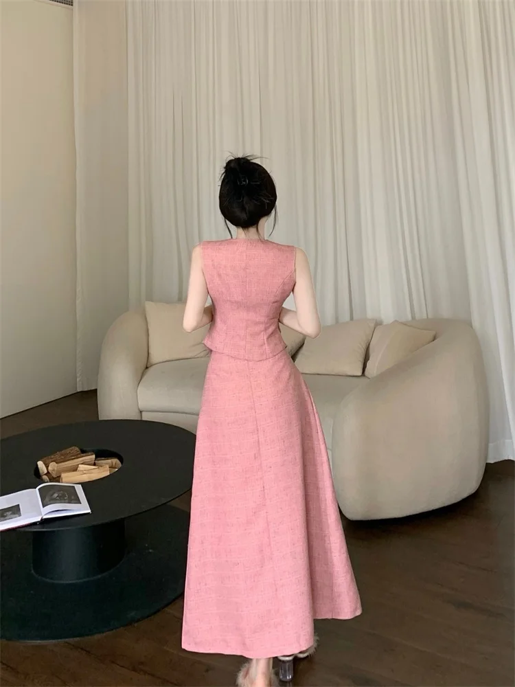 Small Fragrance Fashion Vintage Luxury Tweed Women's Vest Coat Outwear + High Waist Elegant Long Skirts Two Pieces Set Suit