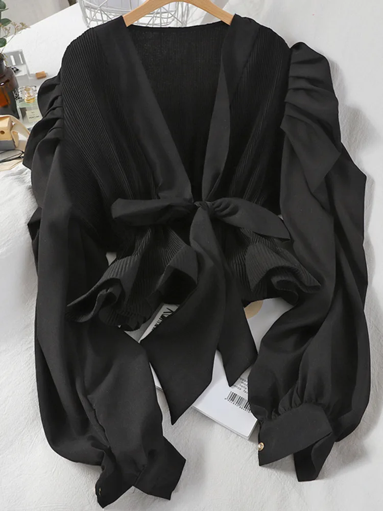 Camiseta de manga larga abombada para mujer, camisa con lazo de Color liso, con cintura cerrada y correa de temperamento, novedad de primavera y verano - Image 4