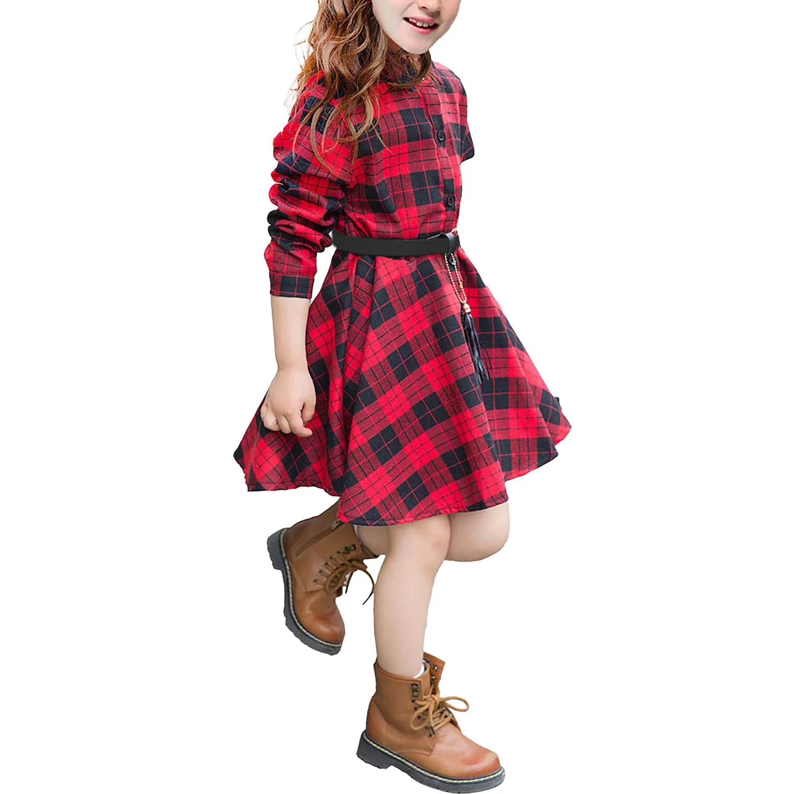 

Girls Casual Dress Belt Long Sleeve Buffalo Check Black White Red Plaid Dresses For Kid Kids Clothes Girls 5-6 Years
