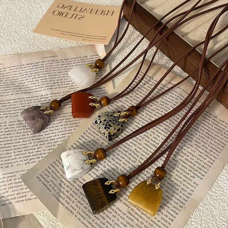 Vintage Natural Stone Bag Pendant Long Necklace for Women Girls Autumn Winter Sweater Chain Fashion Accessories Party Jewelry