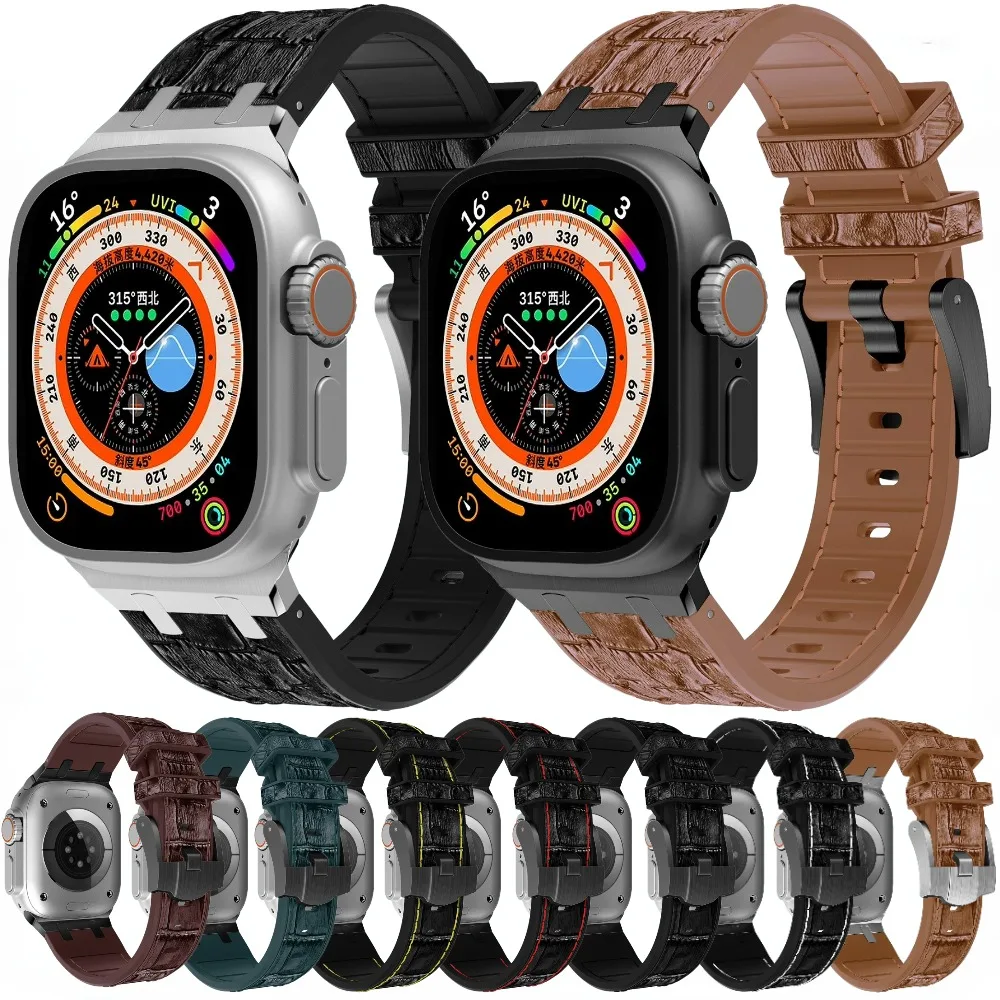Crocodile Leather Strap for Apple Watch Band 49mm 45mm 41mm 44mm 40mm 42mm 38mm Bracelet for iWatch Series 9 8 7 6 5 4 SE 3 Belt