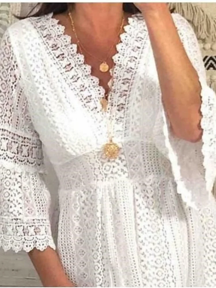 White Lace V Neck Summer Dress for Women