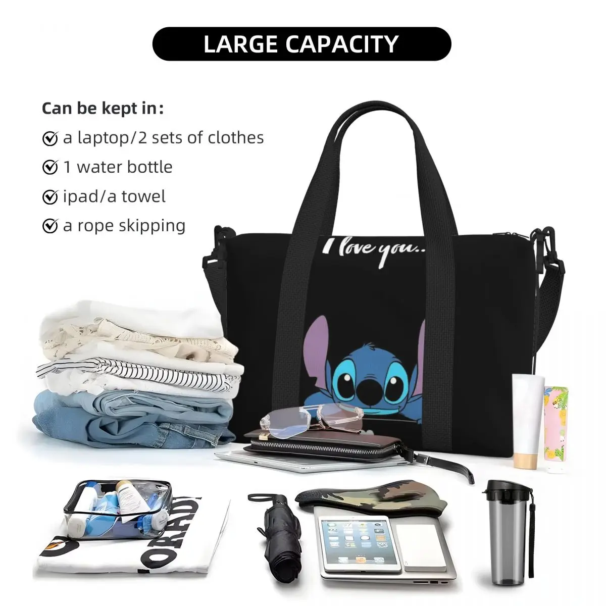 Custom Cute Stitch Beach Tote Bag Women Cartoon Big Compartment Beach Gym Travel Bags 5