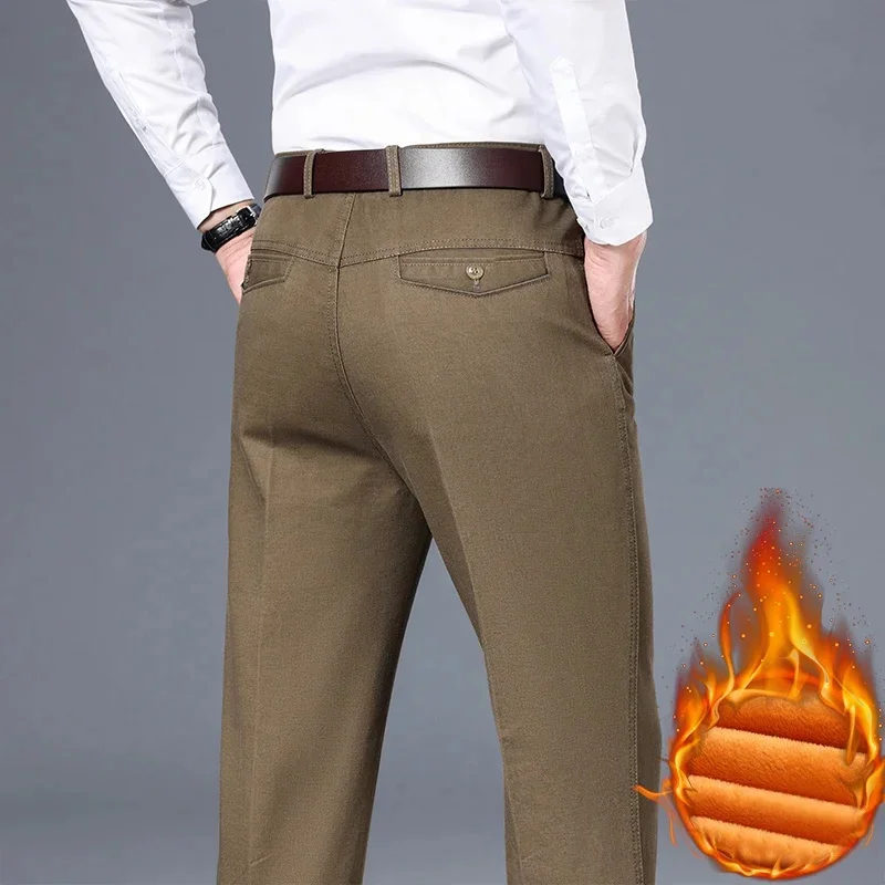 Pantalones casuales gruesos de vellón para hombre, de negocios, ajustados, rectos, sencillos, de estilo clásico, de algodón, gris oscuro, pantalones de felpa para oficina para hombre