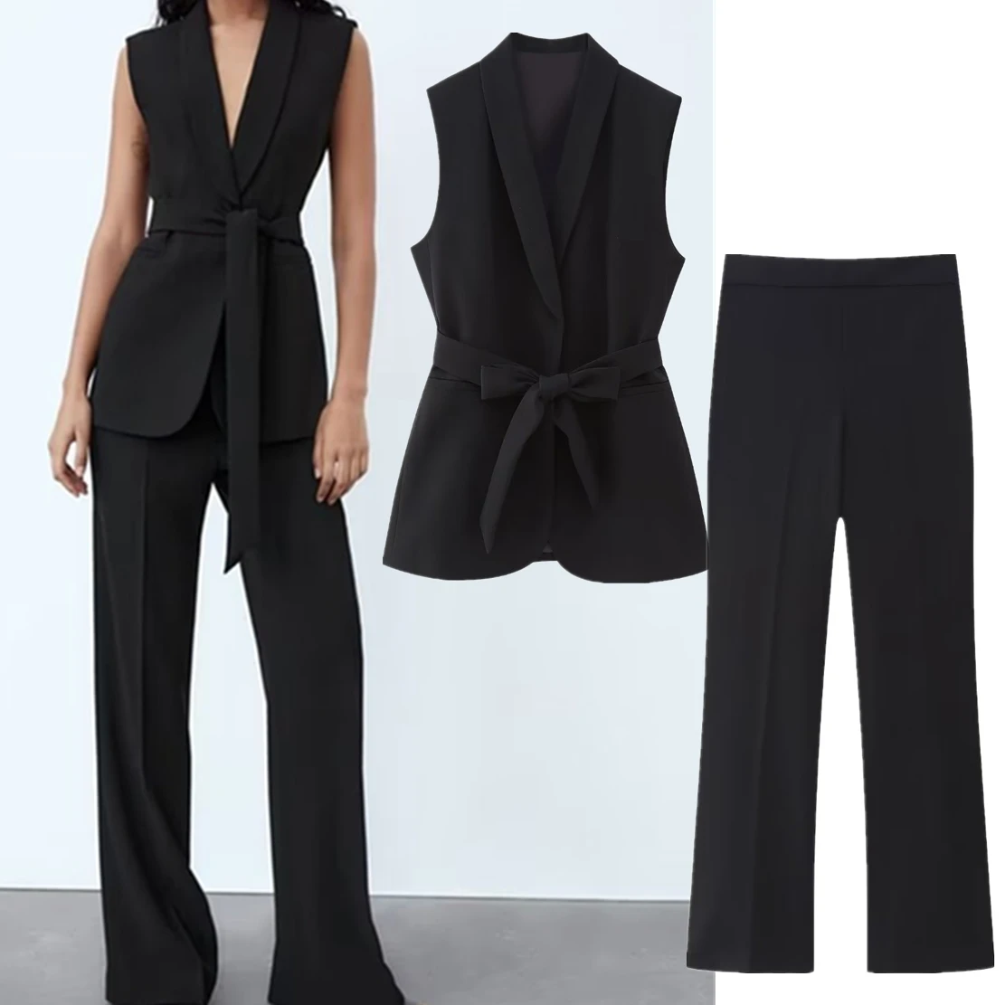 

Dave&Di French Fashion Commuter Casual Black Suit Vest Ladies Blazers Straight High Waist Pants Suit Female Two Pieces Sets Wom