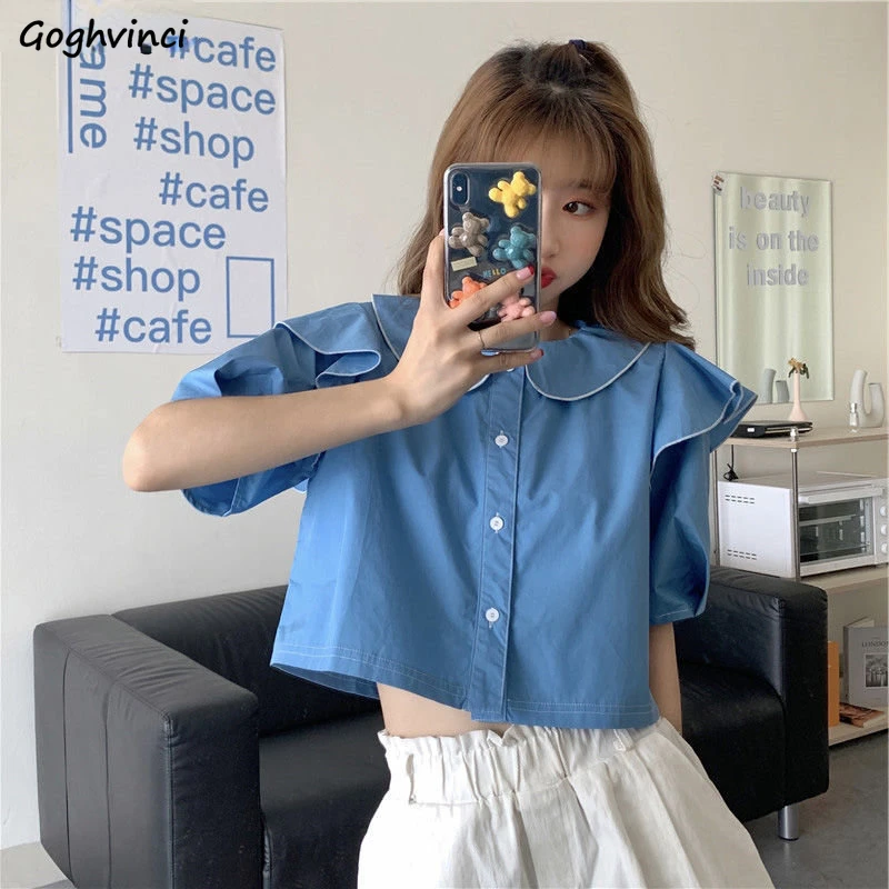 

Shirts Women Ruffles Simple Students Basics Creativity Sweet Gentle Korean Style Delicate Retro Ladies Leisure Stylish Charming