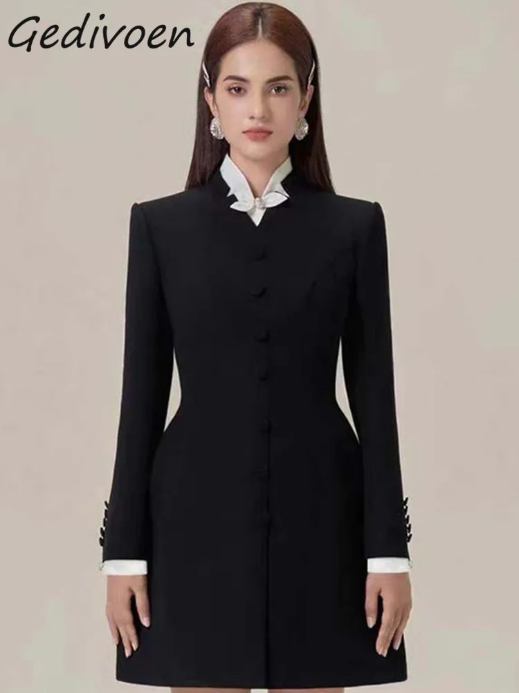 

Осеннее модное дизайнерское винтажное женское платье Gedivoen с воротником-стойкой, длинным рукавом, бантом, пуговицами и высокой талией