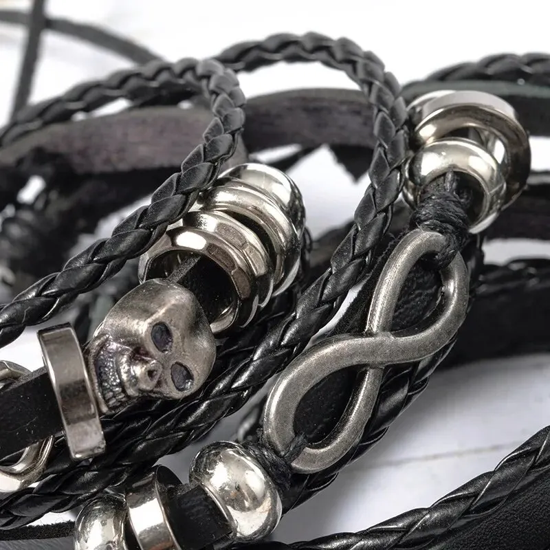 5pcs Metal Diy Braided Punk Style Bracelet Set, Featuring Pu Leather And Beads - Image 3