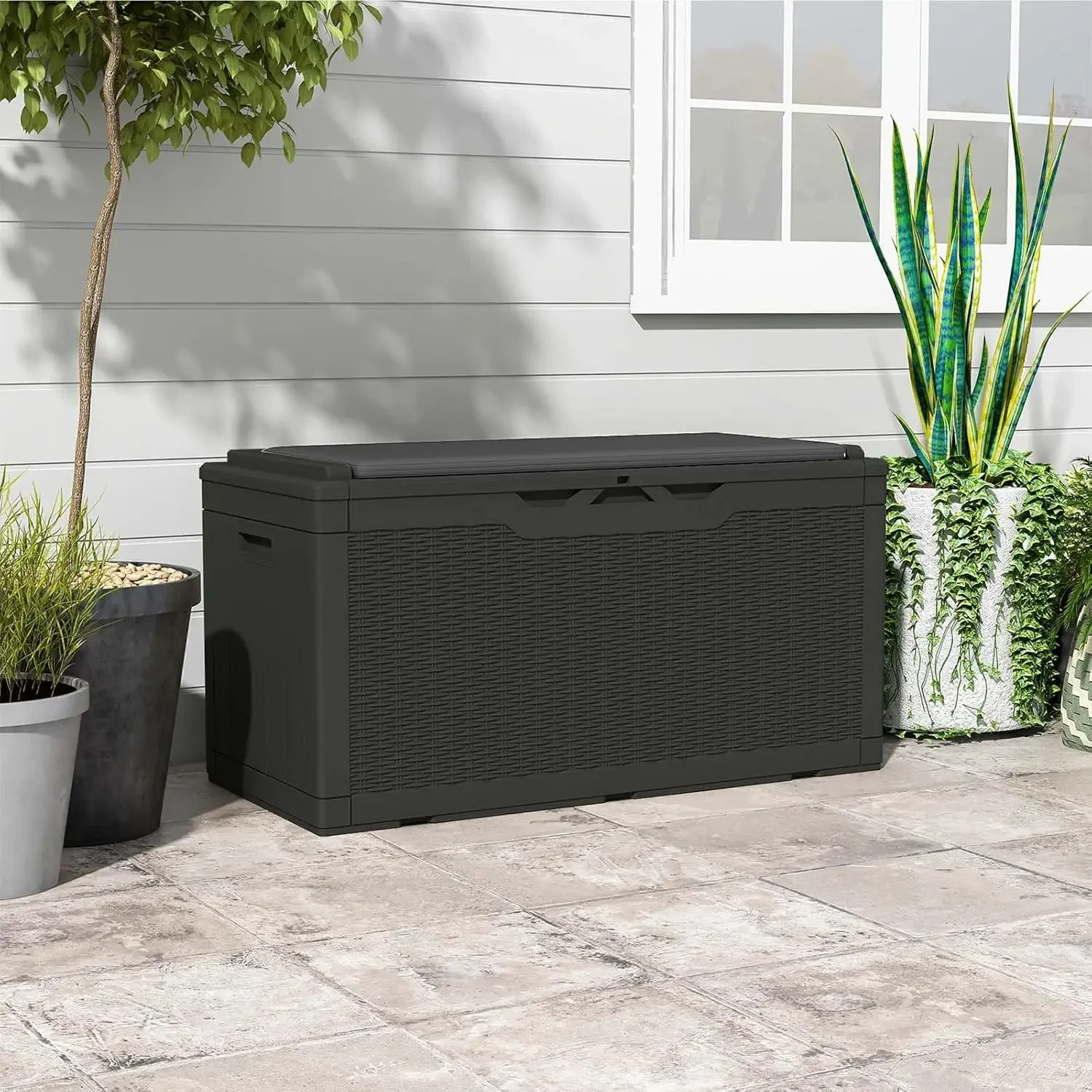 100 Gallon Resin Deck Box with cushion, Waterproof Large Outdoor Storage Box with Padlock for Patio Furniture and Gard 2