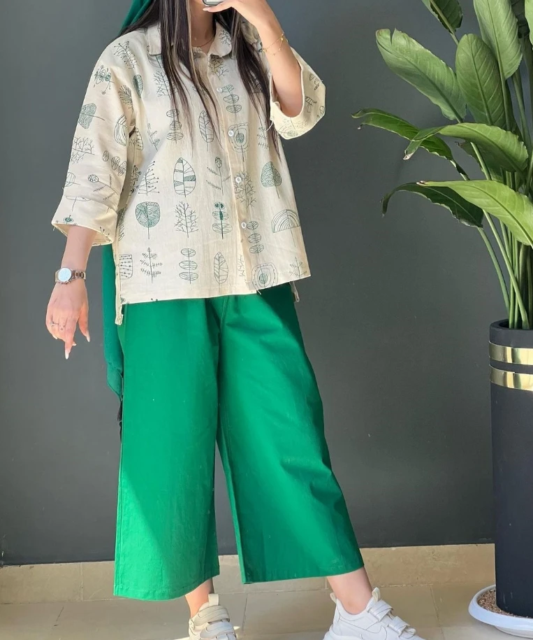 Innocent and Pretty Girl Casual Loose Fit Oversized Cotton and Linen Printed Shirt and Cropped Wide Leg Pants Set