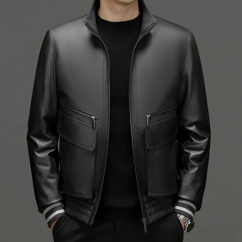 

2024 Autumn and Winter New Men's Business Fashion British Style Casual Leather Jacket Stand Collar Down Jacket Cowhide Blazer