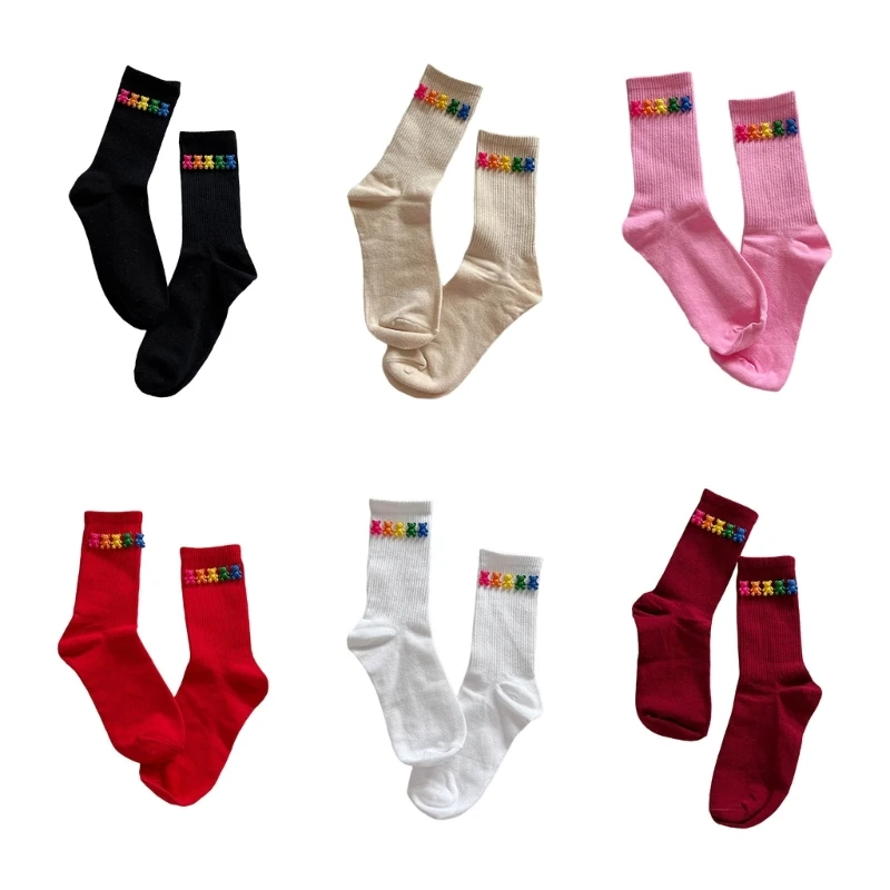 

Яркие цветные хлопковые носки Harajuku для женщин, японские носки Y2K с 3D радужным медведем, средние носки, уличная одежда