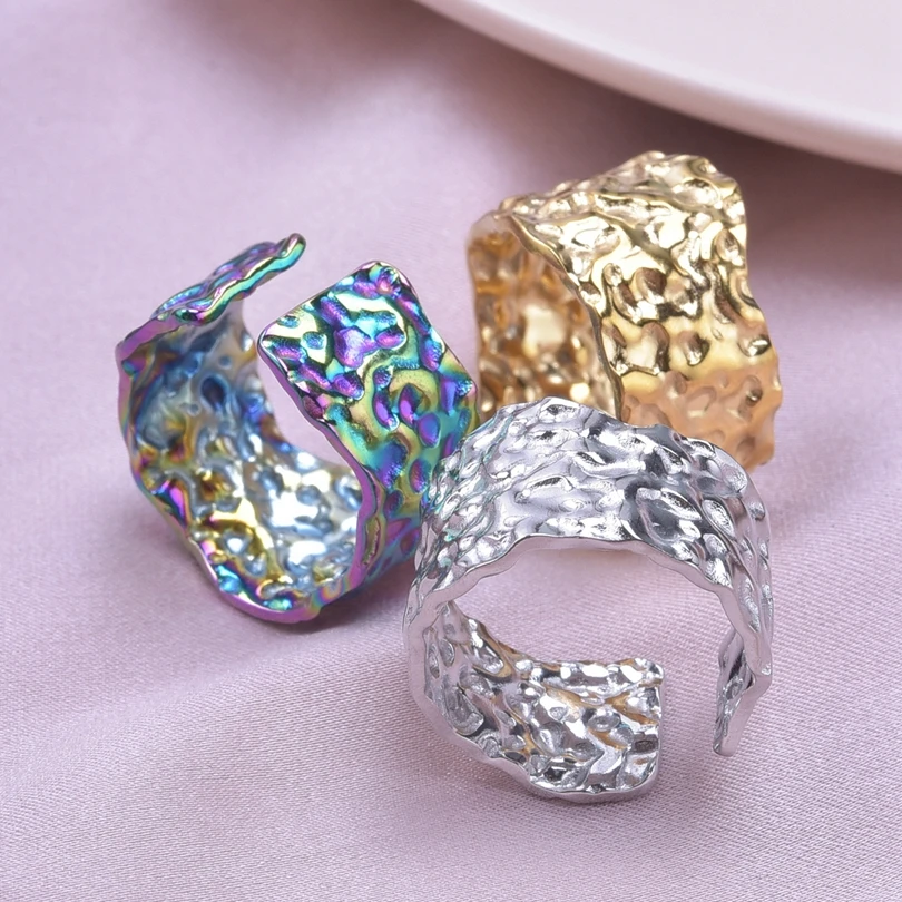 1/3Pcs Stainless Steel Punk Wide Chunky Open Rings For Women Hammered Vintage Geometric Fashion Statement Couple Anillos Jewelry 4