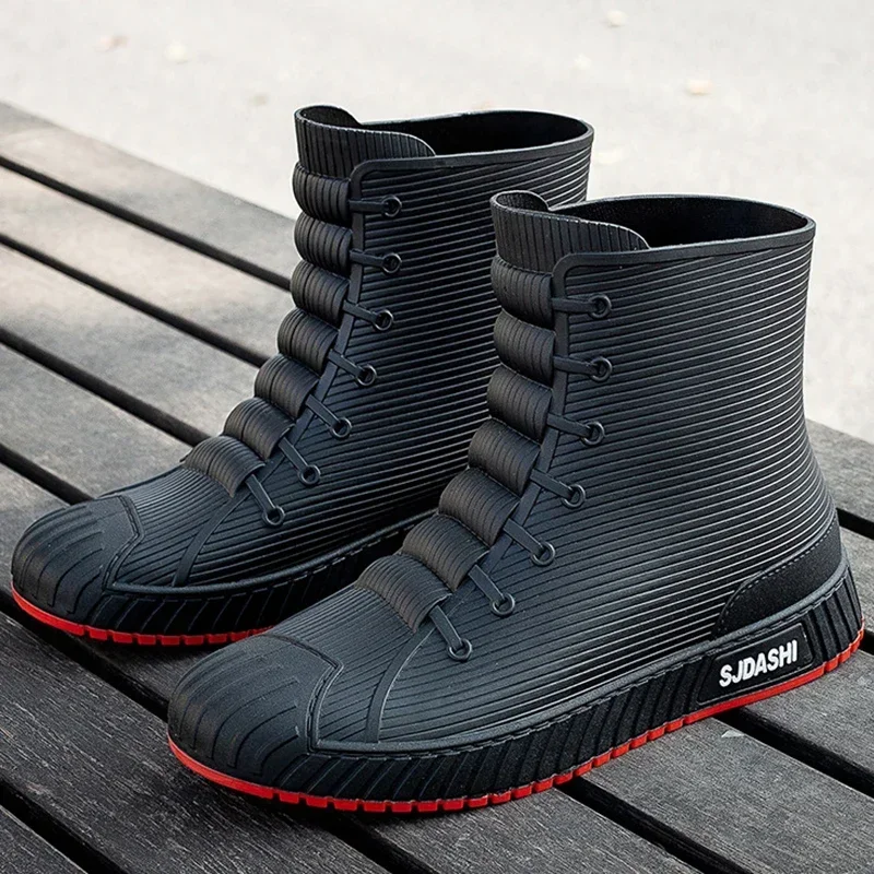 

Men's Rain Boots Rubber Gumboots Slip on Mid-calf Waterproof Working Boots Comfort Red Non-slip Fishing Shoes for Men 2024