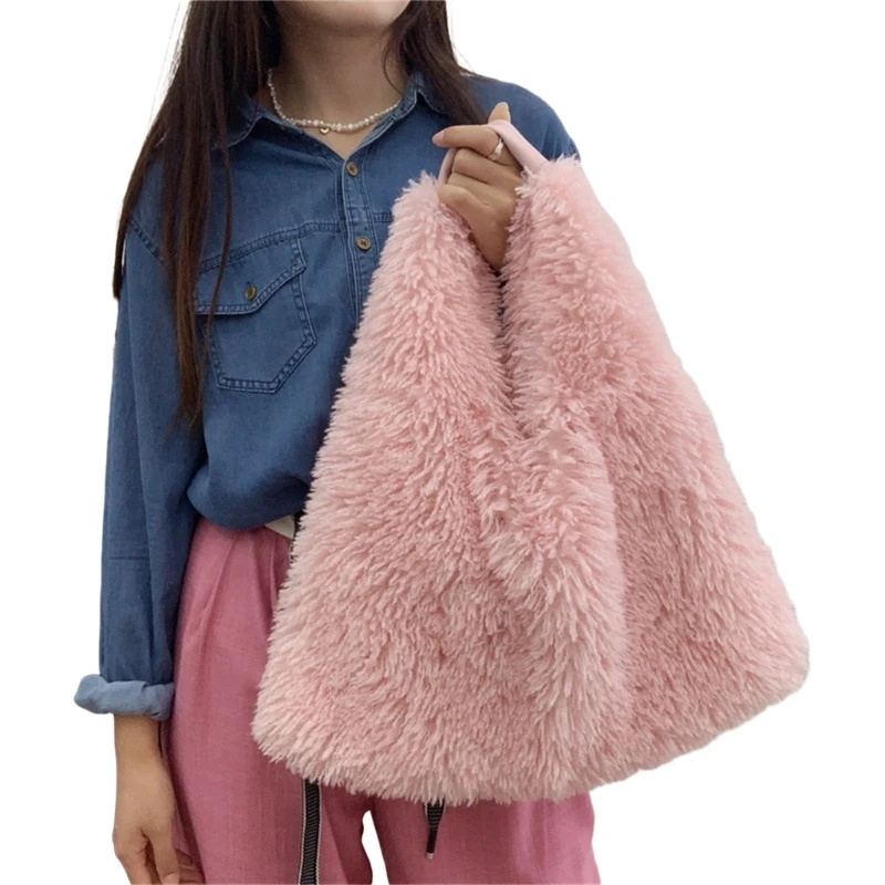 Stylish Plush Shoulder Bag Soft and Comfortable Underarm Bags Large Capacity Handbag Purse E74B