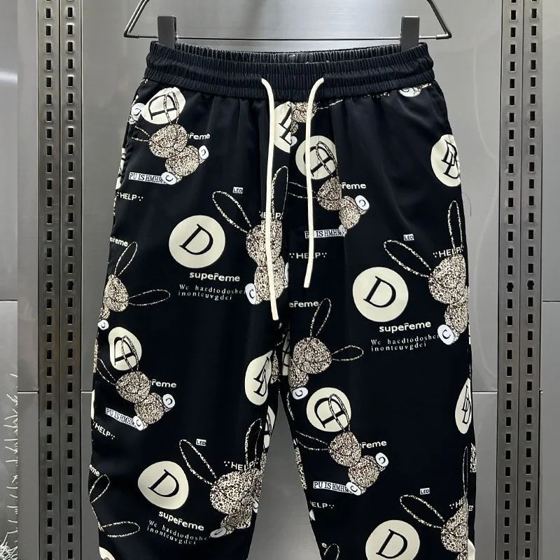 Summer New Fashion Elastic Waist Haren Pants Man High Street Y2K Letter Printing Pockets Patchwork Drawstring All-match Trousers