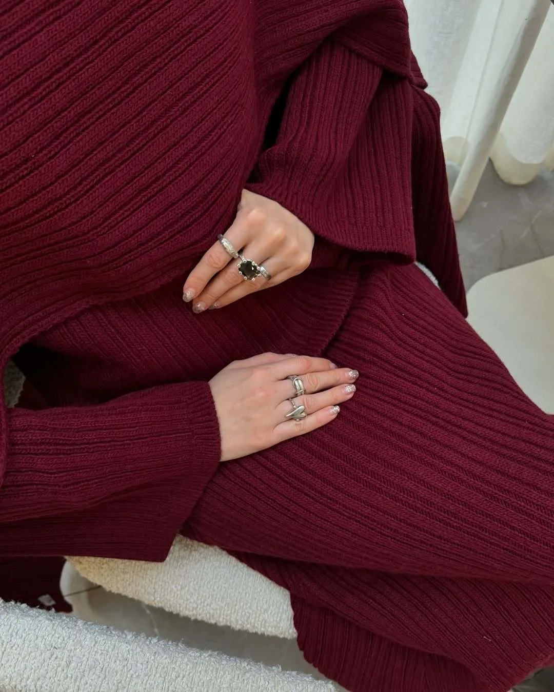 Hirsionsan Sexy Soft Elegant Vintage Women Suits 2 Pieces Female Sets Polo Neck Cardigan Sweater & Midi Dress Knitted TrackSuit Image 13