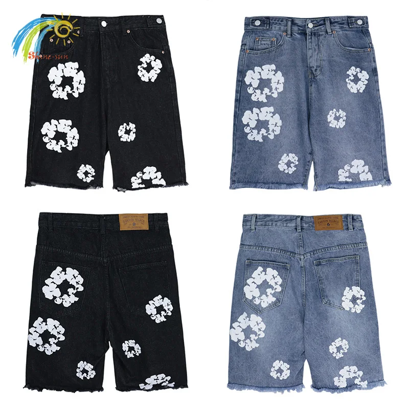 

Мужские и женские джинсовые бриджи с принтом капка, синие и черные джинсовые шорты с ярлыками, свободные бриджи из пенопласта, лето 2024