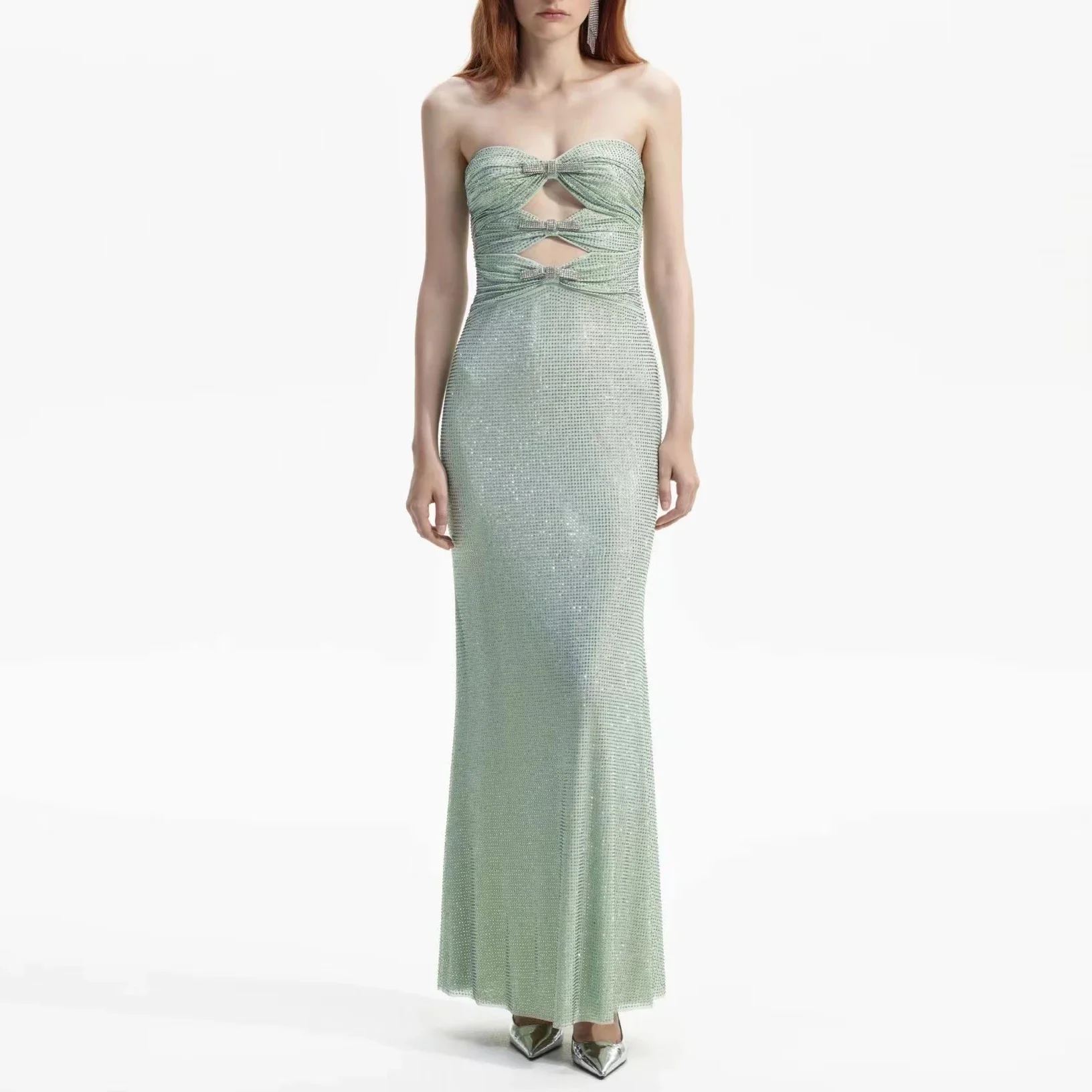 

Women hot diamond hollowed out bra long dress high waist slim sexy party midi dress vintage dress