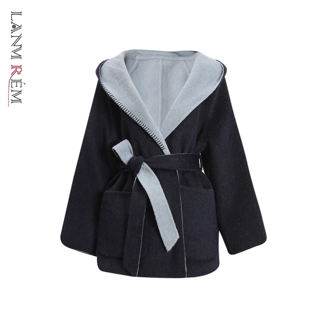 LANMREM Autumn Winter Niche Design Reversible Wear Women's Double-faced Woolen Coat hooded Loose Casual Bandage Overcoat CPG4184