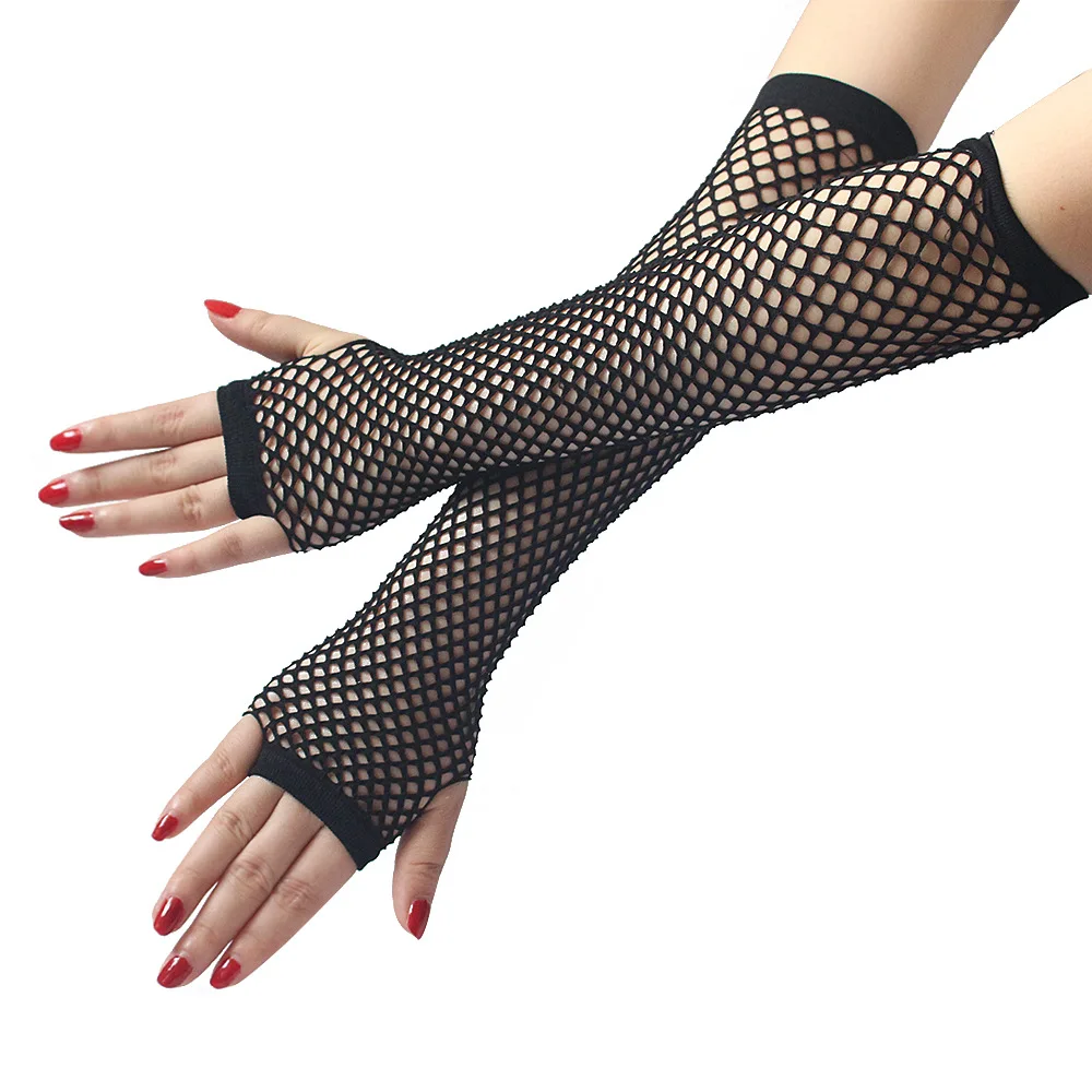 Sexy Women Long Gloves Fingerless Fishnet Mesh Lace Elasticity Gloves For Women Black Gloves Festival Dance Gloves