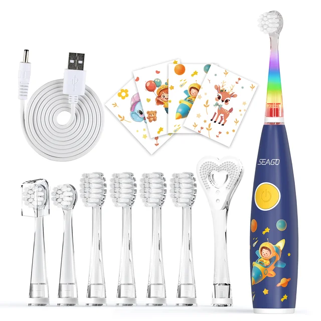 Seago Kids Electric Toothbrush with Sticker LED Colorful/Observing Light 3 Modes Smart Timer Waterproof Teeth Clean for Child 1